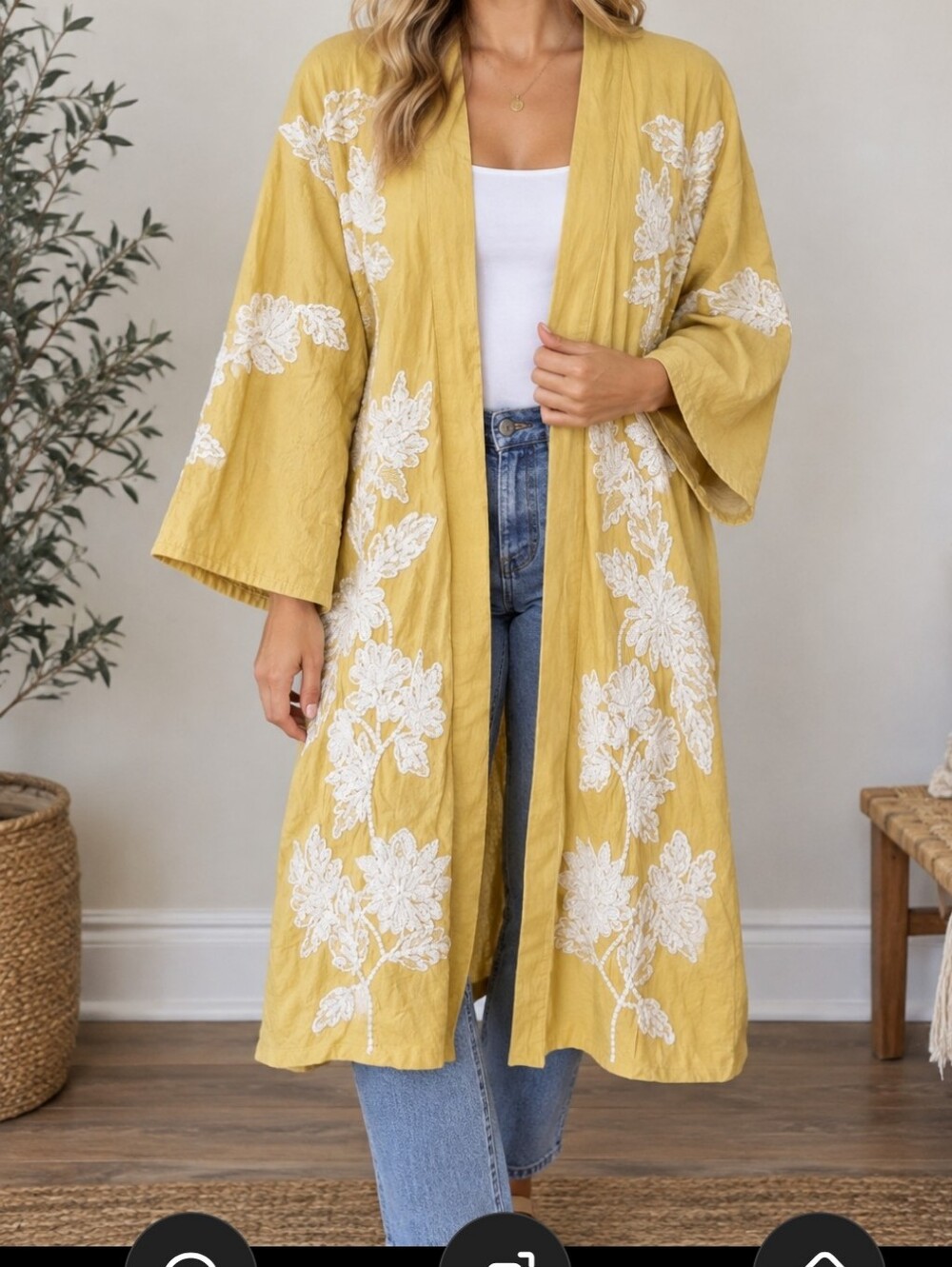 Soft Surroundings 100% Cotoon Tattan Part Topper Kimono Cardigan Embroidery